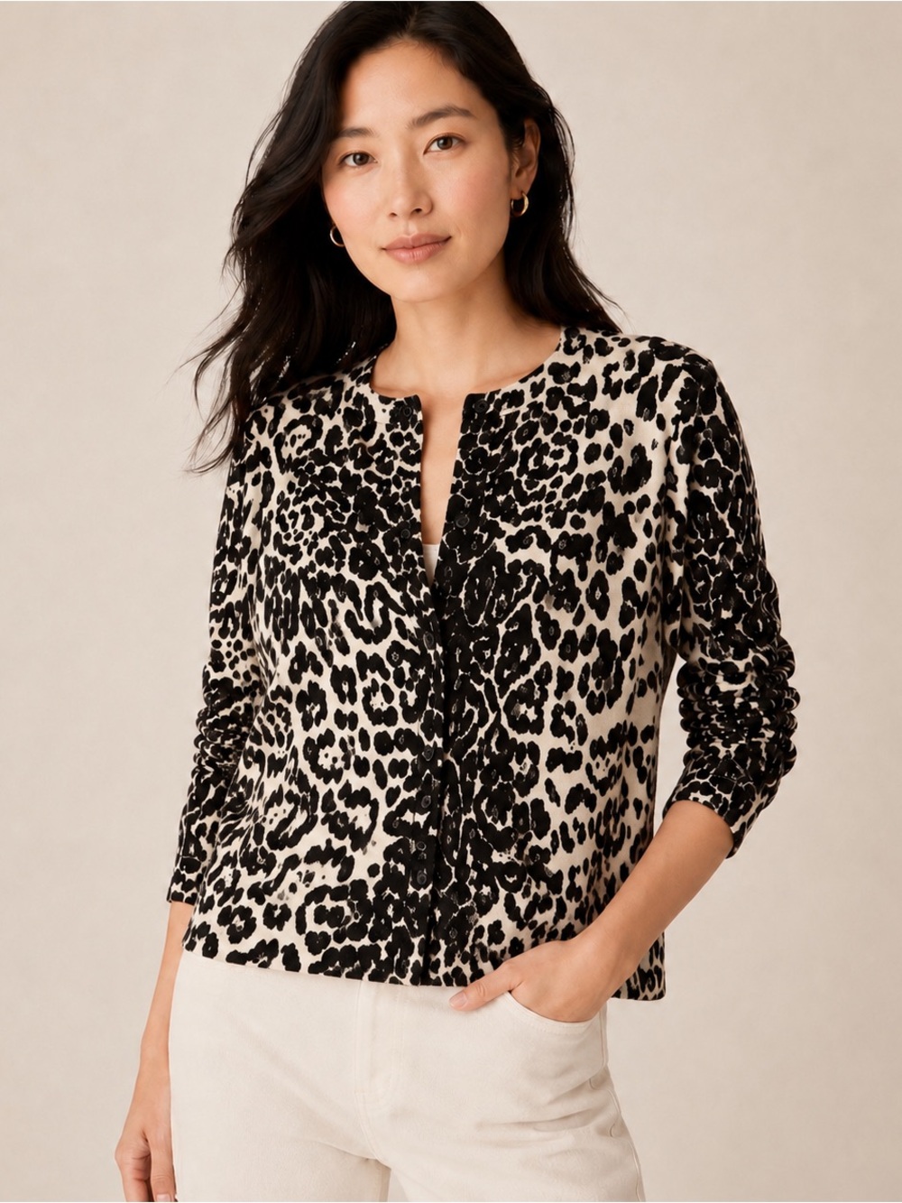 J.Crew 100% Merino Wool Leopard Print Cardigan Sweater Size L Classic Animal